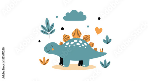 A cute blue cartoon dinosaur with orange plates and white spots smiles happily amidst green leaves, a cloud, and hearts in a whimsical nature scene.