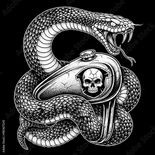 Intricate illustration of a coiled snake wrapped around a motorcycle gas tank with a skull emblem.