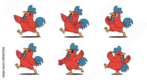 Cartoon Rooster Character Set with Multiple Poses.