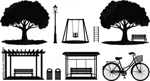 Park silhouettes set with trees benches playground swing bicycle bus stop urban outdoor vector illustration design collection city black icons