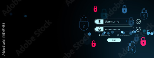 Bild auf Leinwand Modern neon blue login interface with username and password fields on dark background showing network security and digital protection concept