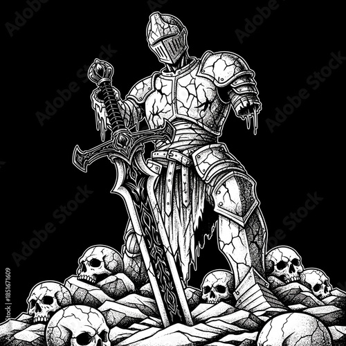A cracked medieval knight stands tall holding a massive sword surrounded by skulls.
