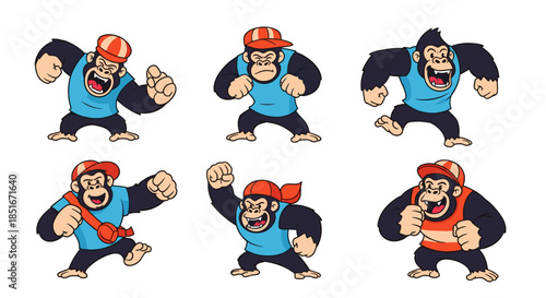 Set of six cartoon gorillas in various poses and outfits.