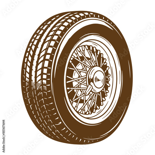 Detailed sketch of a vintage car tire and wire wheel on a white background