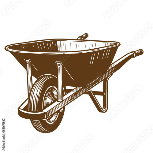 Detailed sketch of a vintage wheelbarrow in brown color suitable for gardening and agriculture