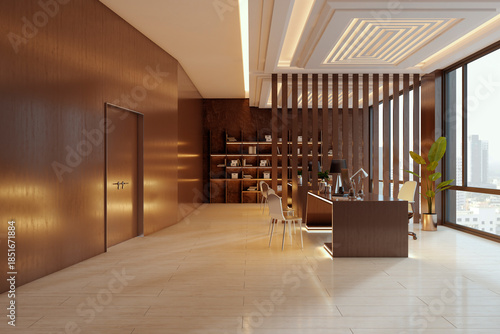 Fotografie Modern premium office interior with wooden partitions, luxury furniture, and large windows overlooking cityscape during daylight hours
