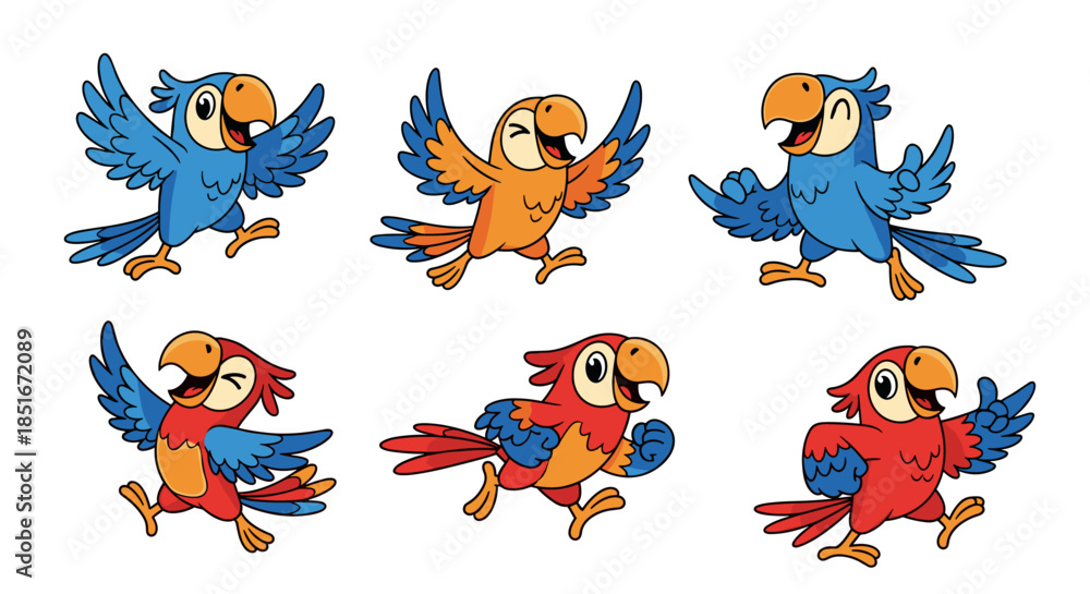 Obraz premium Set of Six Cute Cartoon Parrots Running Joyfully.