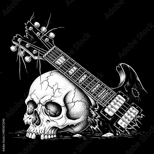 A Detailed Illustration of a Skull and Electric Guitar.