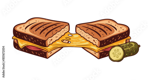 Delicious Grilled Cheese Sandwich with Melted Cheese and Pickles.