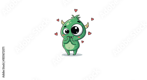 Adorable little green monster character with big eyes and horns, expressing love and shyness with clasped hands and floating hearts.