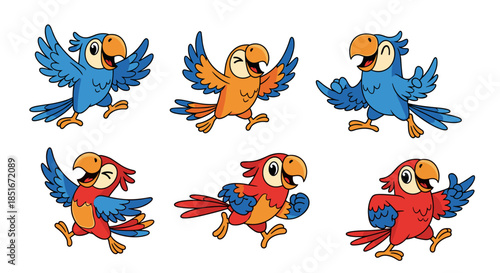 Set of Six Cute Cartoon Parrots Running Joyfully.
