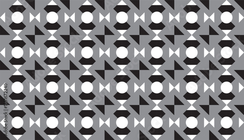 Seamless abstract geometric pattern featuring repeating circular and angular shapes in black, white, and gray tones