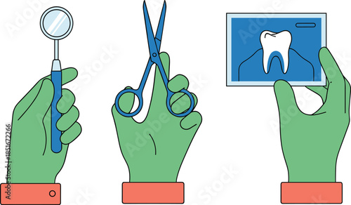 Hands in green medical gloves holding dental mirror scissors and tooth xray for dentistry checkup isolated on white background vector