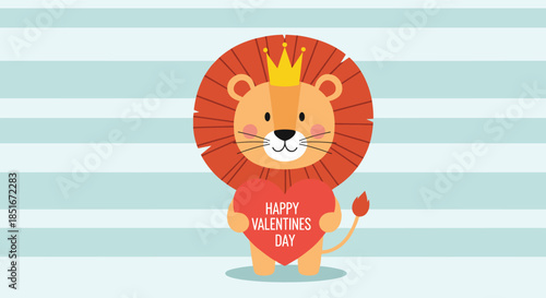 A cute cartoon lion wearing a golden crown holds a red heart with \.