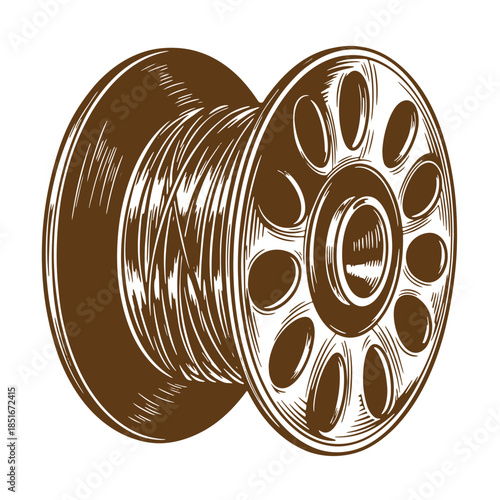 Detailed vintage sketch illustration of a sewing machine bobbin spool isolated on white