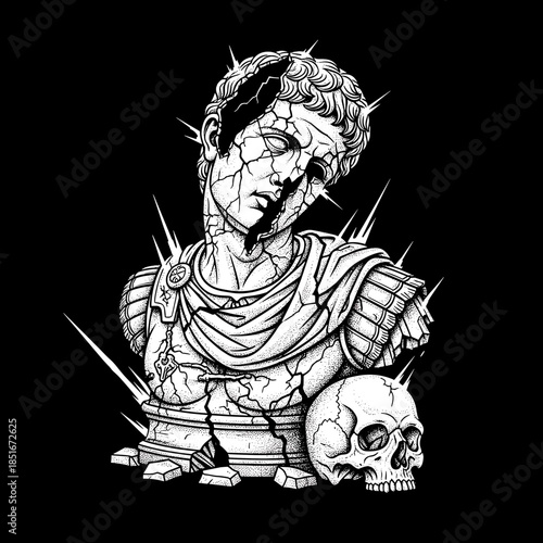 Broken Ancient Statue Bust With Skull And Spikes.