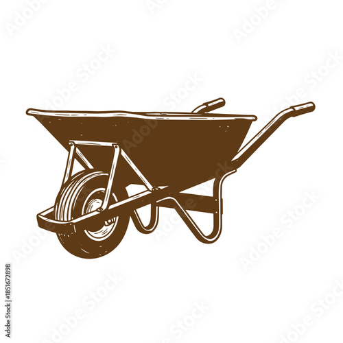 Hand drawn illustration of a brown sketch vintage wheelbarrow on a white background