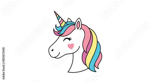 A whimsical and cute cartoon unicorn with a vibrant rainbow mane, a striped horn, closed eyes, and a pink heart on its cheek, facing left on a white background.