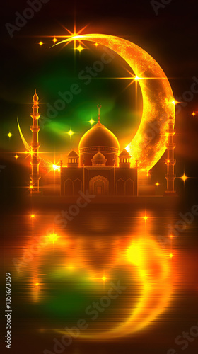 Islamic Background with Golden Mosque and Crescent Moon, Sparkling Stars and Water Reflection for Ramadan and Eid Mubarak Celebration