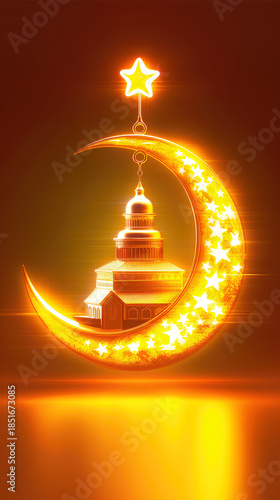 Elegant Ramadan Kareem Decoration with Glowing Golden Crescent Moon and Mosque for Eid Mubarak Celebration