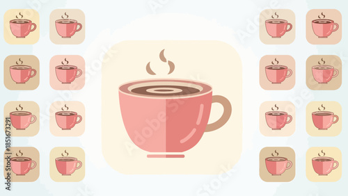 Collection of stylized steaming coffee cups on light background