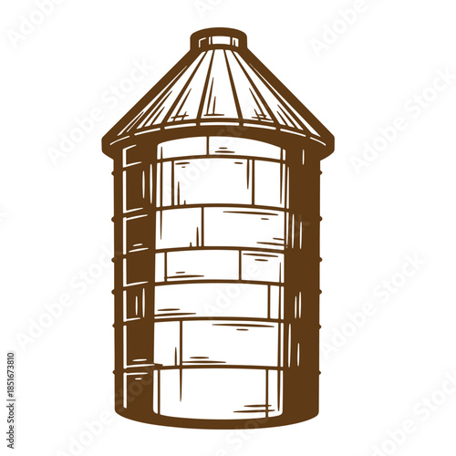 Hand drawn illustration of a vintage water tower with a brick design and detailed roof