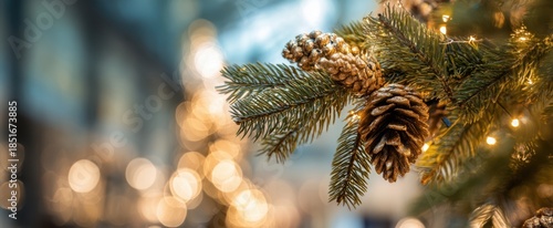 The Pinecones on a Fir Branch with Warm Holiday Bokeh Lights in Background