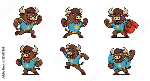 Superhero Bull Character Set Poses.