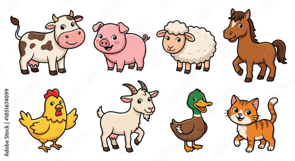 Fototapeta premium Whimsical Cartoon Farm Animals Collection Adorable Isolated Vector Illustrations for Children's Education and Play, Featuring Cute Cow, Pig, Sheep, Horse, Chicken, Goat, Duck, and Cat Characters