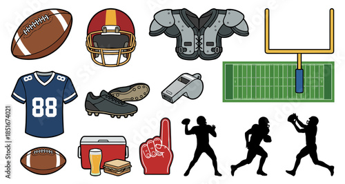Comprehensive Vector Collection of American Football Equipment, Apparel, and Game Elements on White Background, Perfect for Sports-Themed Designs and Educational Materials