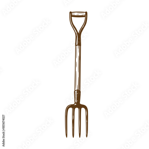 Hand drawn sketch illustration of a garden pitchfork agricultural tool on a white background