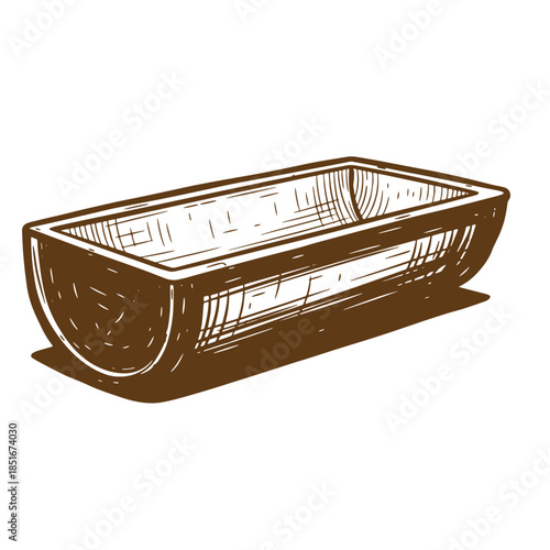 Hand drawn sketch of a brown rectangular bowl with a shadow on white background