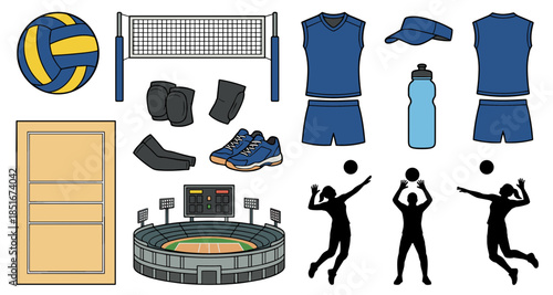 Vector set illustrating volleyball game elements active players, court, net, stadium, ball, uniform, and essential athletic equipment, perfect for sports graphic design projects