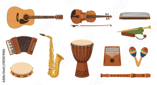 Vibrant collection of diverse musical instruments from various cultures, ready to create melodies and rhythms in a charming vector illustration