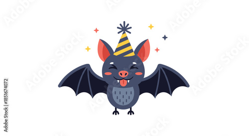 Cute cartoon bat in a party hat, smiling and sticking out its tongue, surrounded by sparkling stars, ready for a fun celebration.