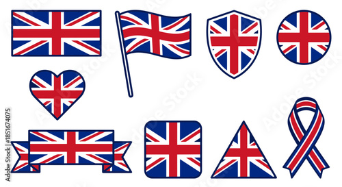 United Kingdom Flag Icon Set in Various Shapes Vector Illustration