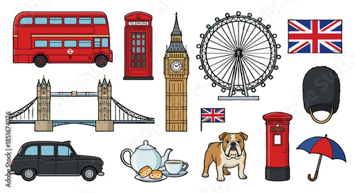Charming Vector Art Displaying Iconic British Cultural Symbols and Famous London Tourist Attractions for Travel and Heritage Themes