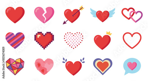 Collection of various heart shapes and designs representing love, affection, and emotions in different artistic styles