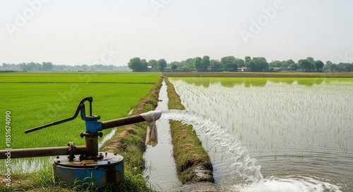 An irrigation pump gushes water into a lush green paddy field in rural India, showcasing modern farming support in a tranquil countryside landscape.