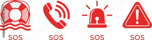 Emergency icon set, SOS rescue and alert symbols, red vector for safety signage and response systems