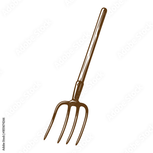 Hand-drawn sketch vintage farm tool with wooden handle on isolated white background