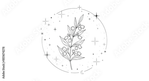 Mystical botanical line art illustration of a flowering branch within a celestial circle adorned with stars and a crescent moon, symbolizing nature's magic.
