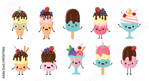 A delightful collection of ten adorable kawaii ice cream characters with smiling faces, including cones, sundaes, and popsicles.