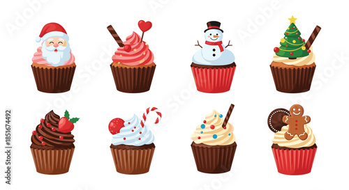 A festive collection of eight delicious Christmas-themed cupcakes decorated with Santa, a snowman, a tree, and a gingerbread man.