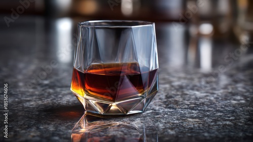 A geometric crystal tumbler holding perfectly still coffee, glowing with deep mahogany tones. Set polished granite, reflections align cleanly