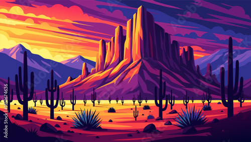 Vibrant Desert Landscape at Sunset with Majestic Rock Formations and Cacti Under a Colorful Sky
