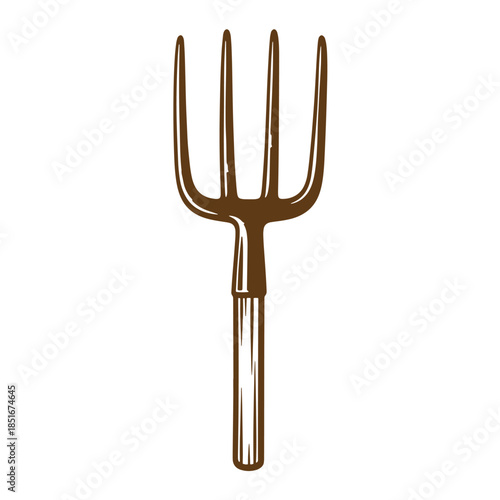 Vintage hand drawn garden pitchfork brown color agriculture farming tool isolated design