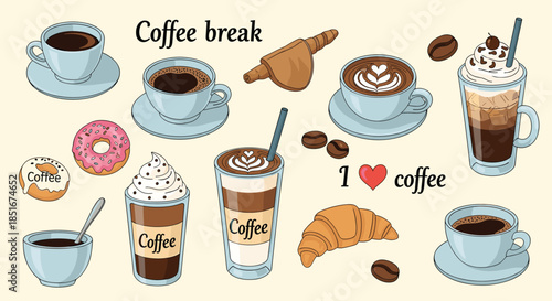 A charming coffee break collection featuring assorted coffee cups, iced drinks, a croissant, and donuts in a cute hand-drawn style.