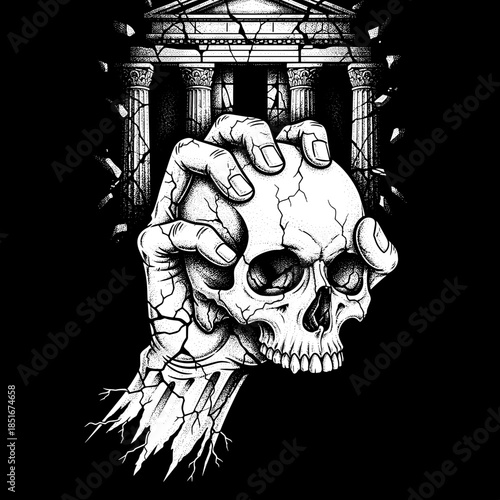 A skeletal hand clutches a cracked human skull with eerie detail.
