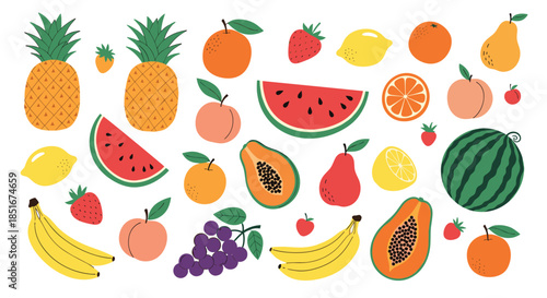 A vibrant and colorful collection of various hand-drawn fresh fruits with a textured style, including pineapple, watermelon, and bananas.